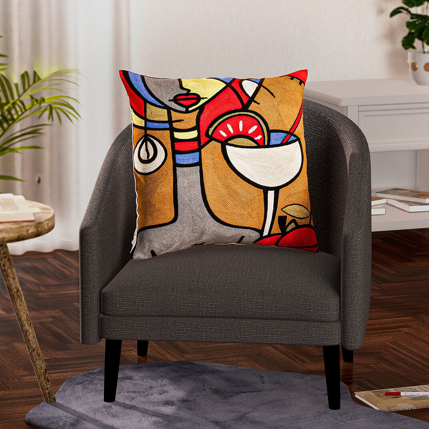 100% Cotton Embroidered Cocktail Glass Pattern Cushion Cover (Size 43 cm) - Brown & Multi