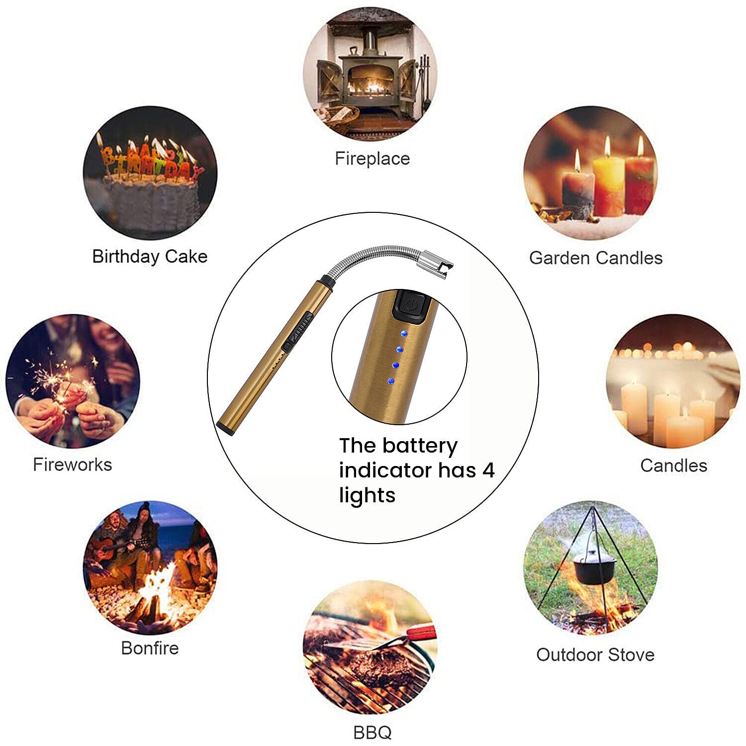 Candle Lighter with Flexible Long Neck & USB Charger (Size 24 cm)- Gold