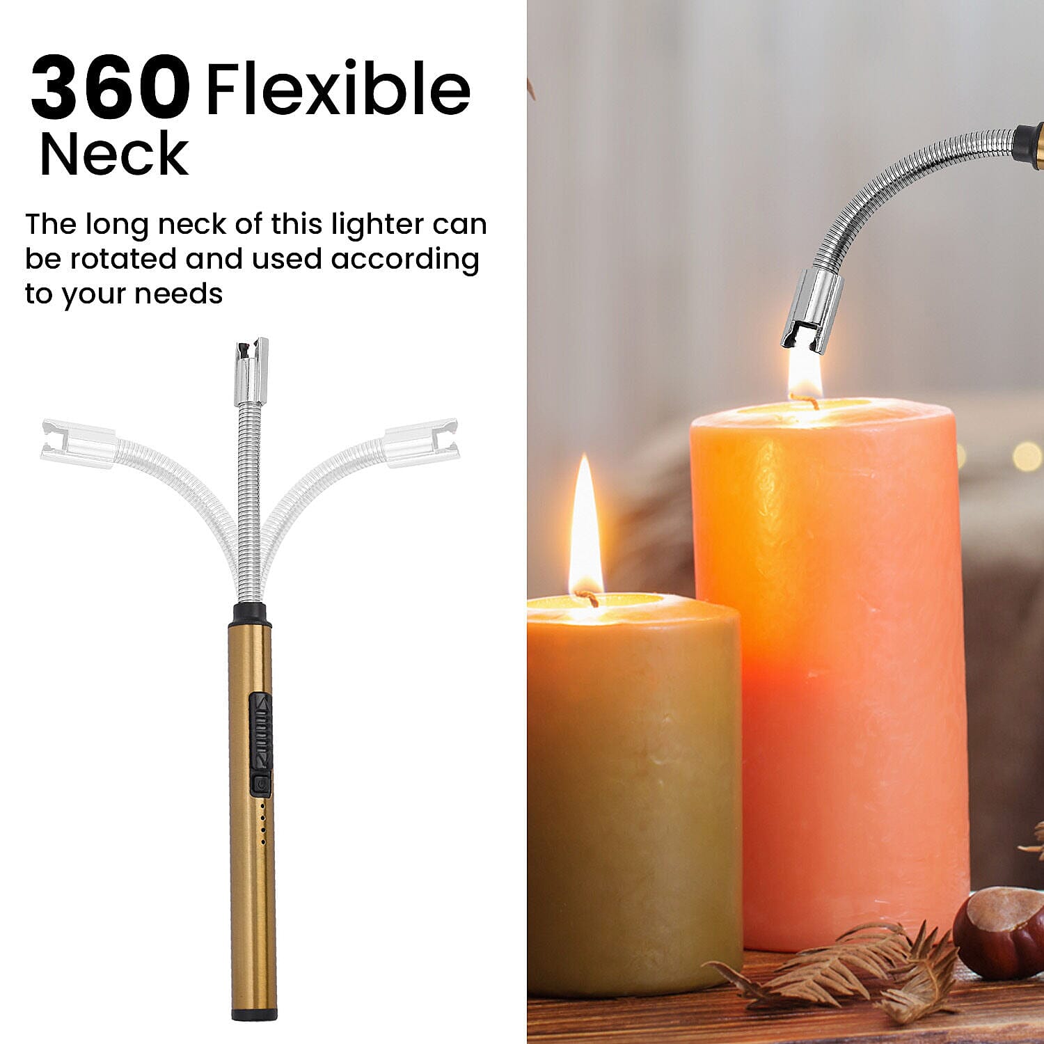 Candle Lighter with Flexible Long Neck & USB Charger (Size 24 cm)- Gold