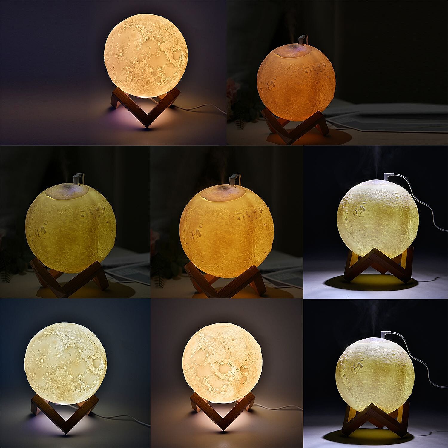 USB Moon Lamp Humidifier with Wooden Stand & 3 Colour Light Options (Size 15 Cm) - Yellow, White and Warm Yellow