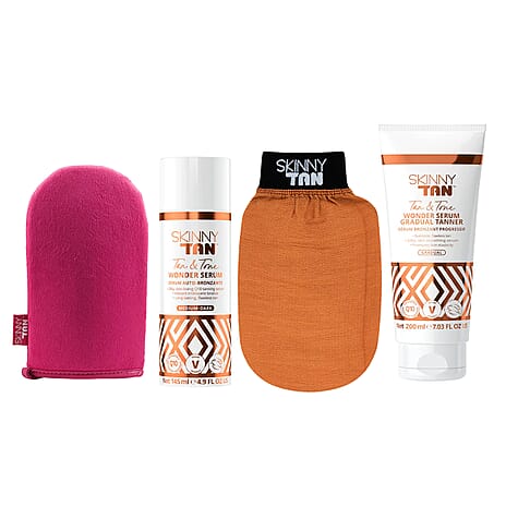 Skinny Tan- Wonder Serum Tanning Bundle (Incl. Wonder Serum Self-Tanner - 145ml, Wonder Serum Gradual Tanner - 200ml, Luxury Tanning Mitt & Tan Exfoliating Mitt)