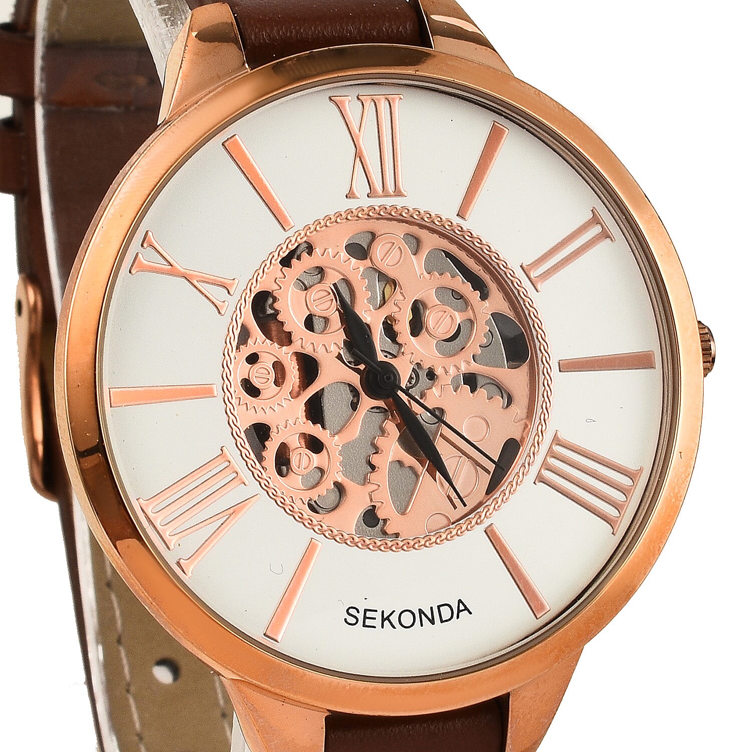 Close out Deal - Sekonda Watch Rose Gold Skeleton Look Dial with Leather Strap