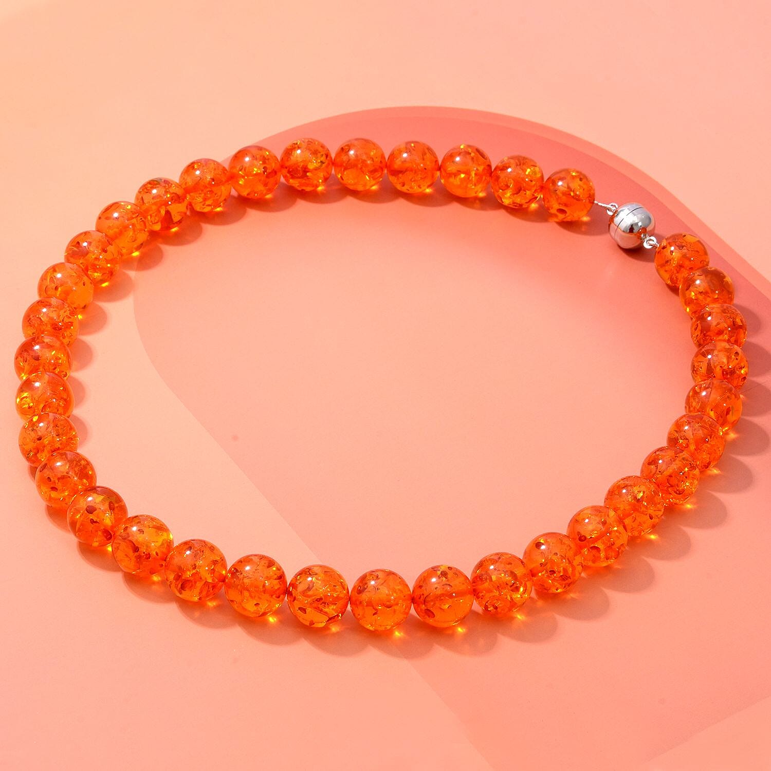 Natural AIG Certified Baltic Amber (14mm) Necklace (Size - 20) in Rhodium Overlay Sterling Silver with Magentic Lock, 300.00 Ct.