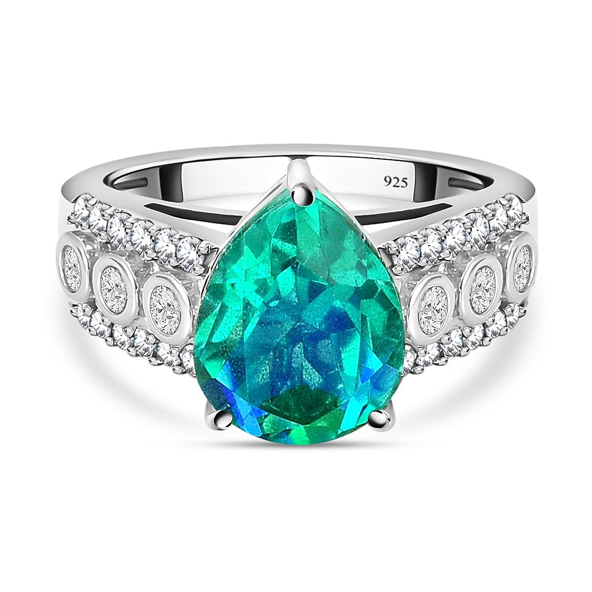 Peacock Triplet Quartz and Natural Cambodian Zircon Ring in Platinum Overlay Sterling Silver 4.37 Ct