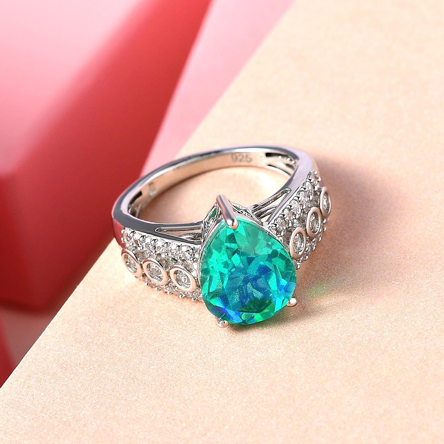 Peacock Triplet Quartz and Natural Cambodian Zircon Ring in Platinum Overlay Sterling Silver 4.37 Ct