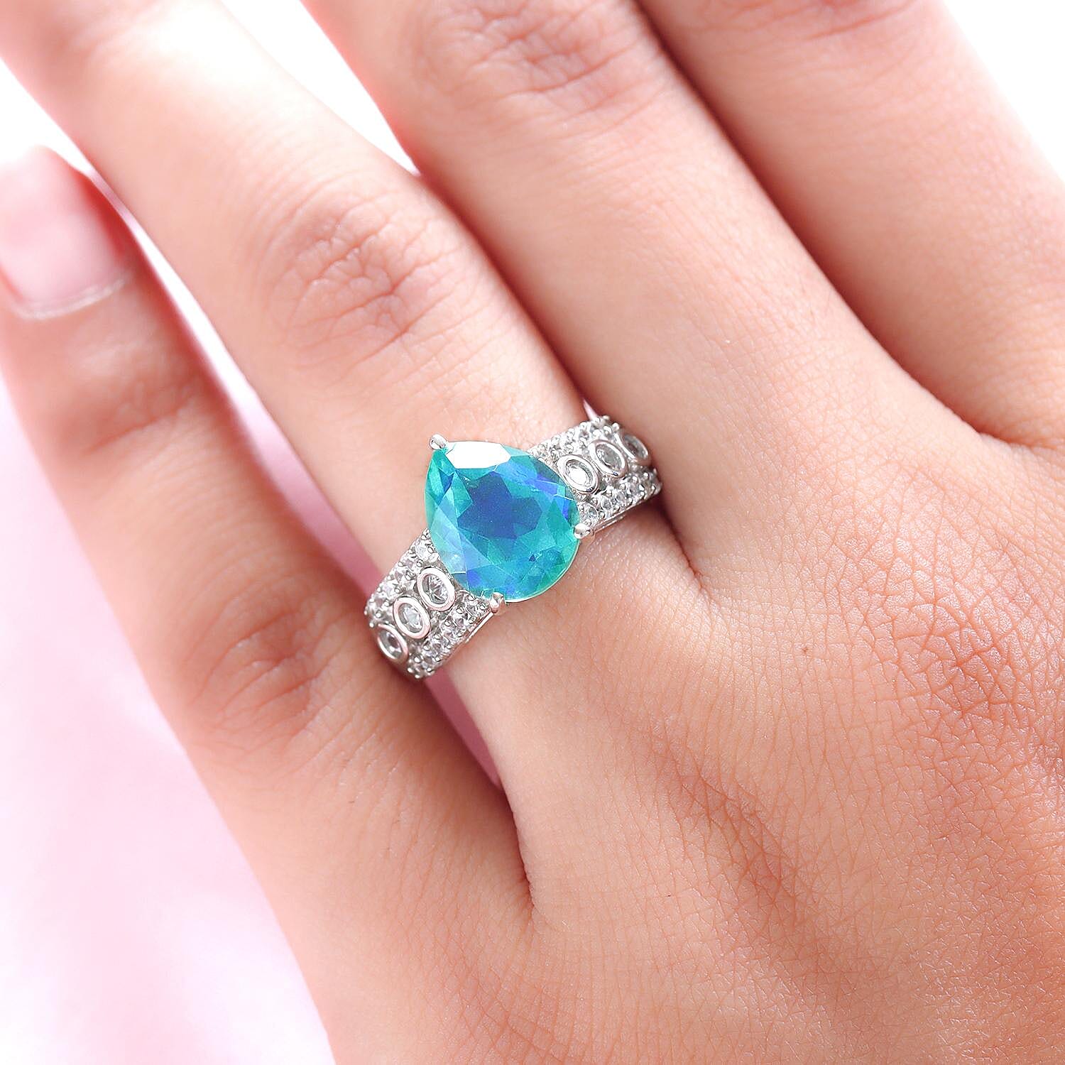 Peacock Triplet Quartz and Natural Cambodian Zircon Ring in Platinum Overlay Sterling Silver 4.37 Ct