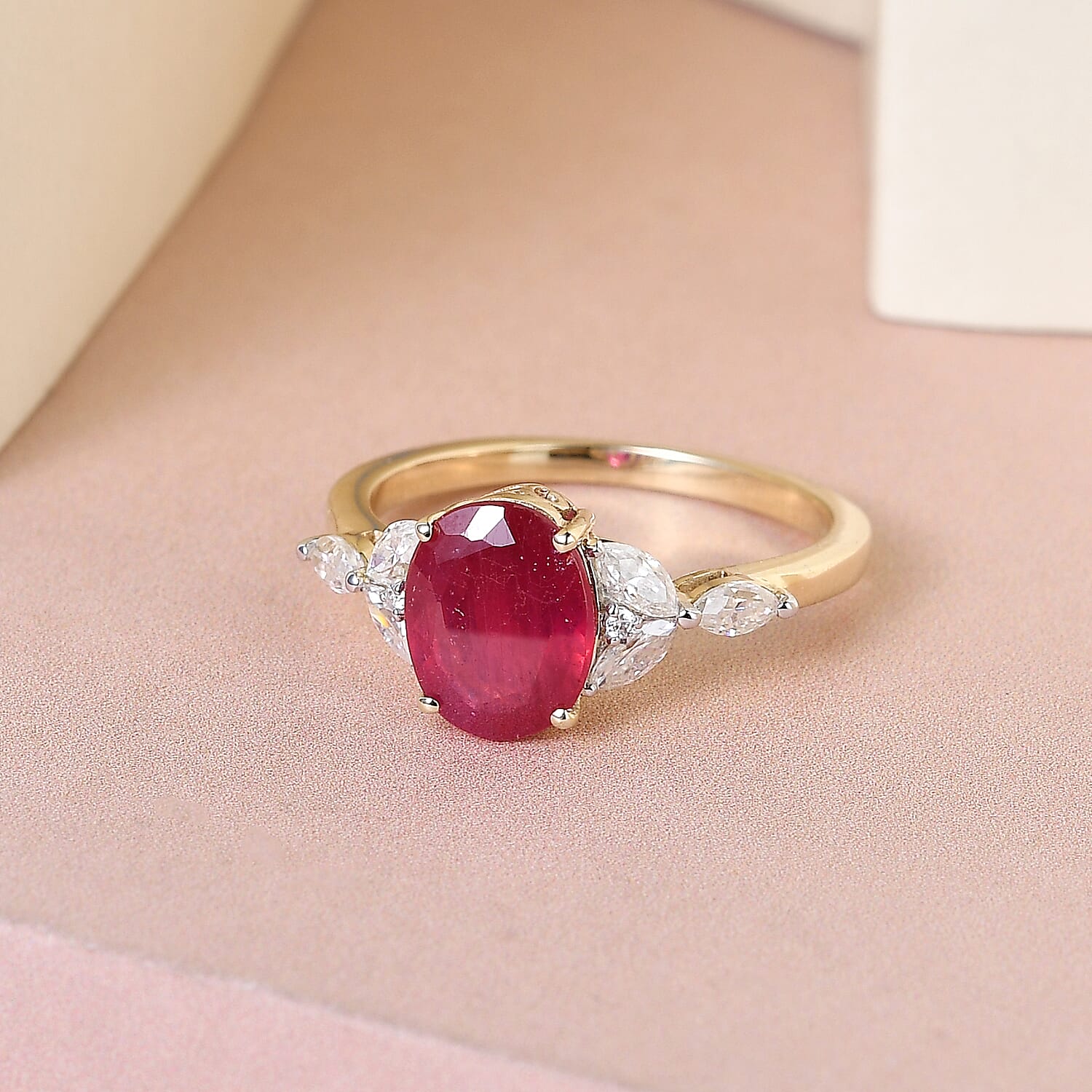 9K Yellow Gold Ruby and Moissanite Ring 3.14 Ct.
