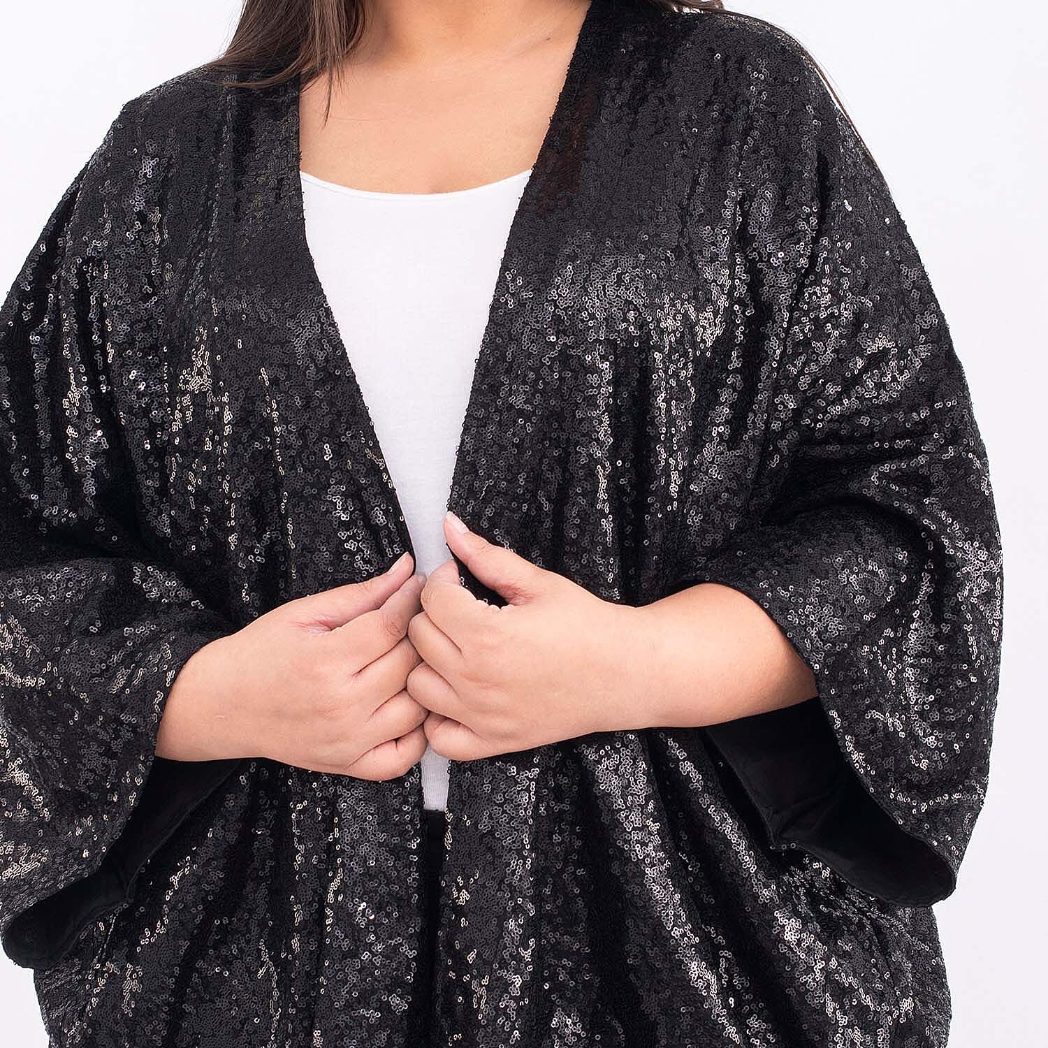 TAMSY Sequin Kimono with Poly Knit Lining (One Size 8-18) - Black