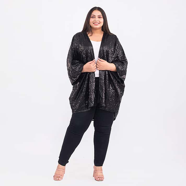 Tamsy Sequin Kimono: One Size. Black