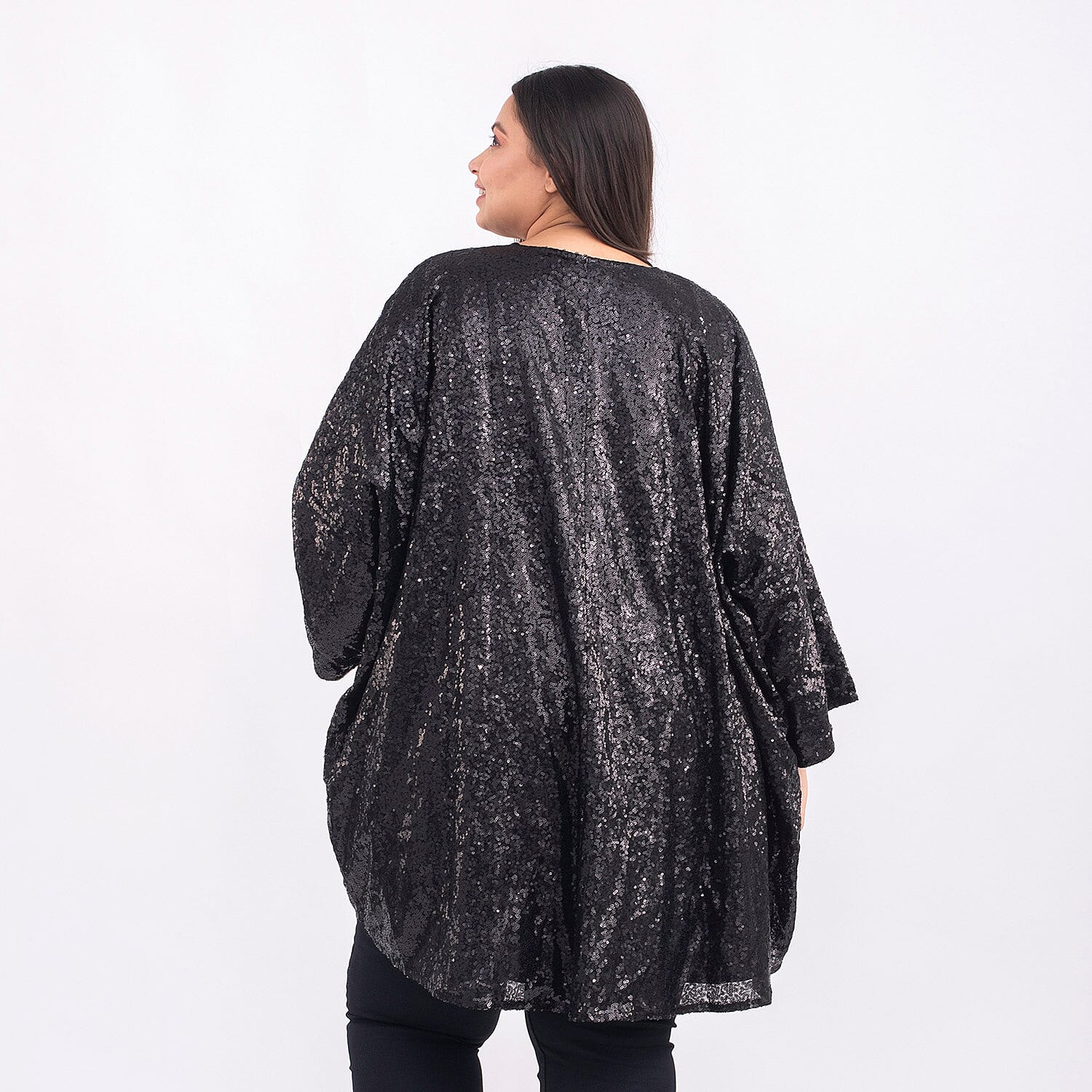 TAMSY Sequin Kimono with Poly Knit Lining (One Size Curve 20-26) - Black