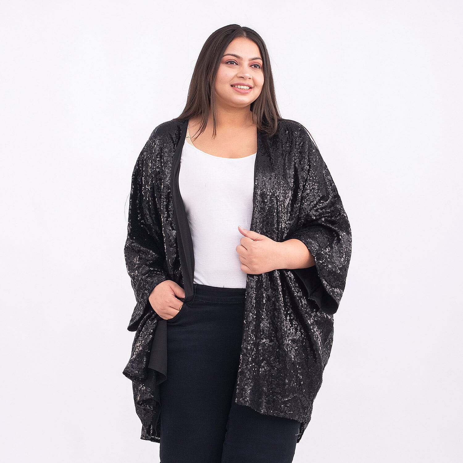 TAMSY Sequin Kimono with Poly Knit Lining (One Size Curve 20-26) - Black