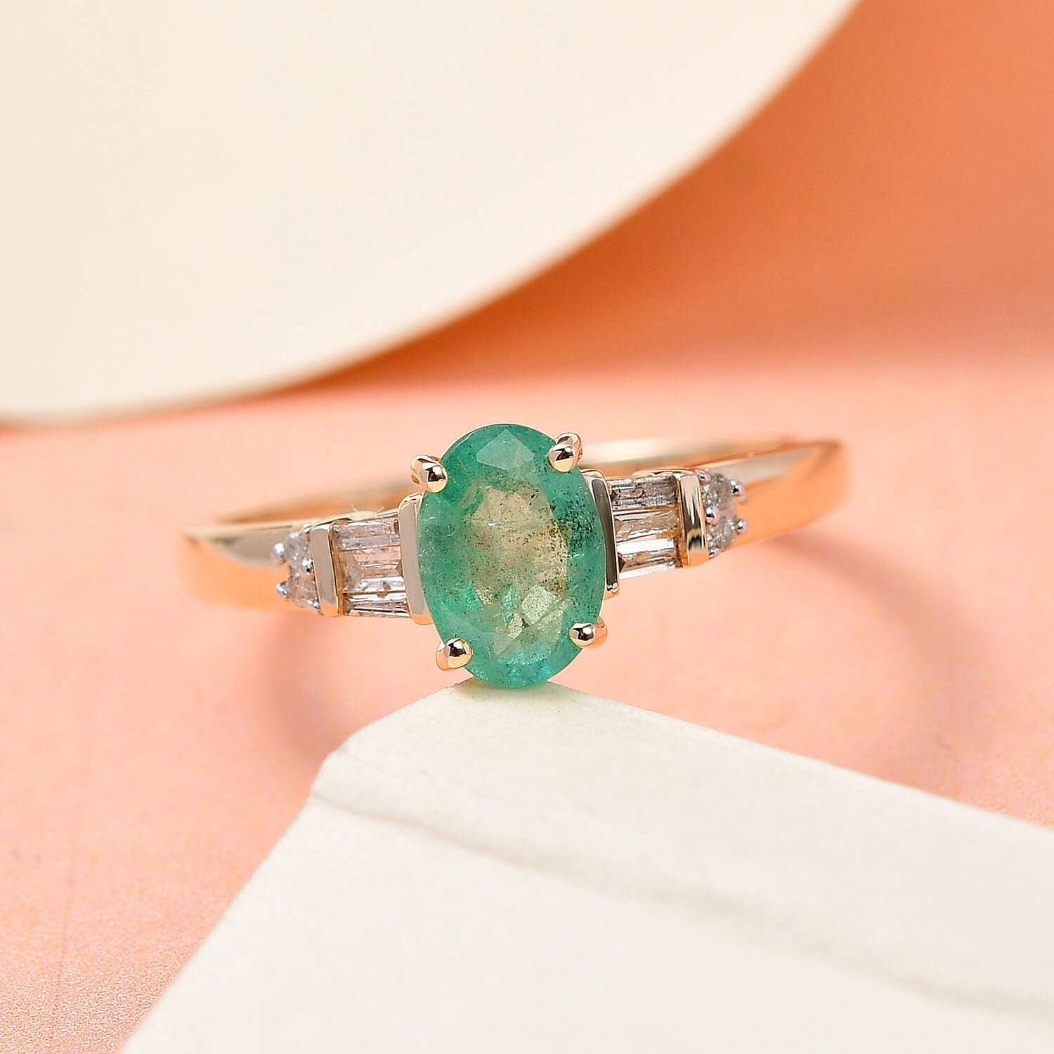9K Yellow Gold Ethiopian Emerald and Diamond Ring 0.80 Ct.