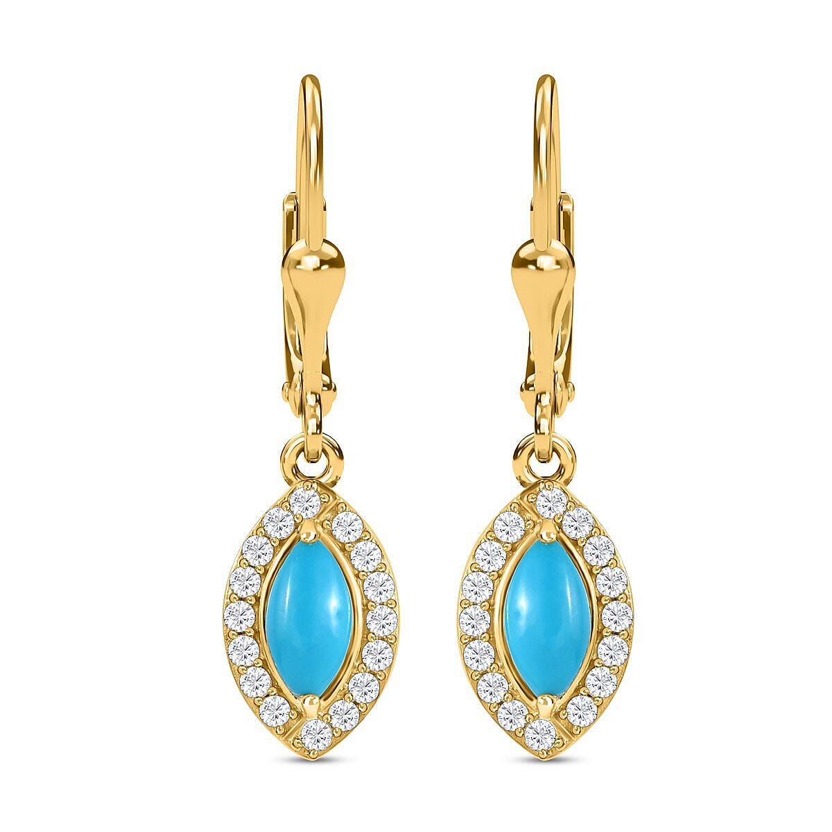 Arizona Sleeping Beauty Turquoise and Moissanite Cluster Earrings(with Lever Back) in 18K Vermeil Yellow Gold Plated Sterling Silver 1.486 Ct.