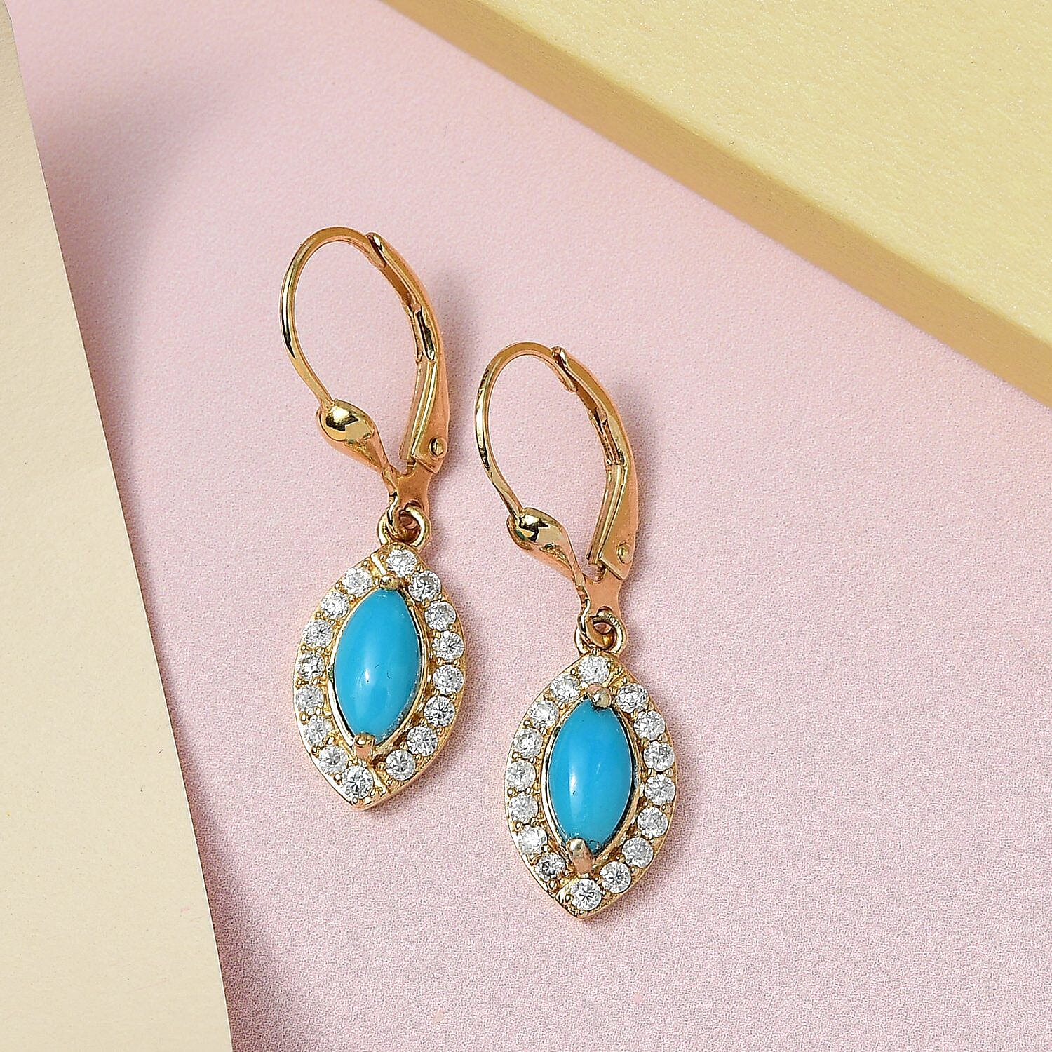 Arizona Sleeping Beauty Turquoise and Moissanite Cluster Earrings(with Lever Back) in 18K Vermeil Yellow Gold Plated Sterling Silver 1.486 Ct.