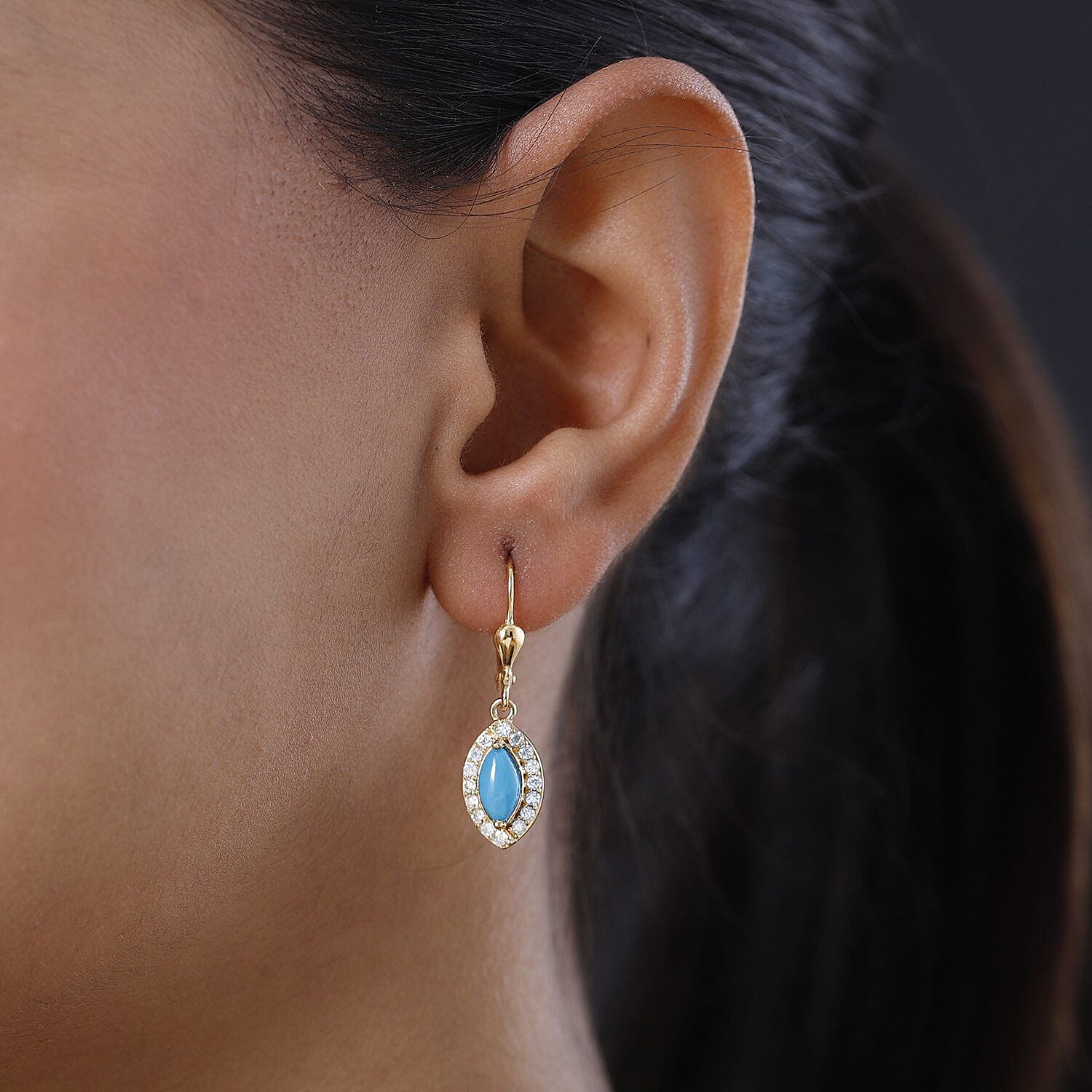 Arizona Sleeping Beauty Turquoise and Moissanite Cluster Earrings(with Lever Back) in 18K Vermeil Yellow Gold Plated Sterling Silver 1.486 Ct.