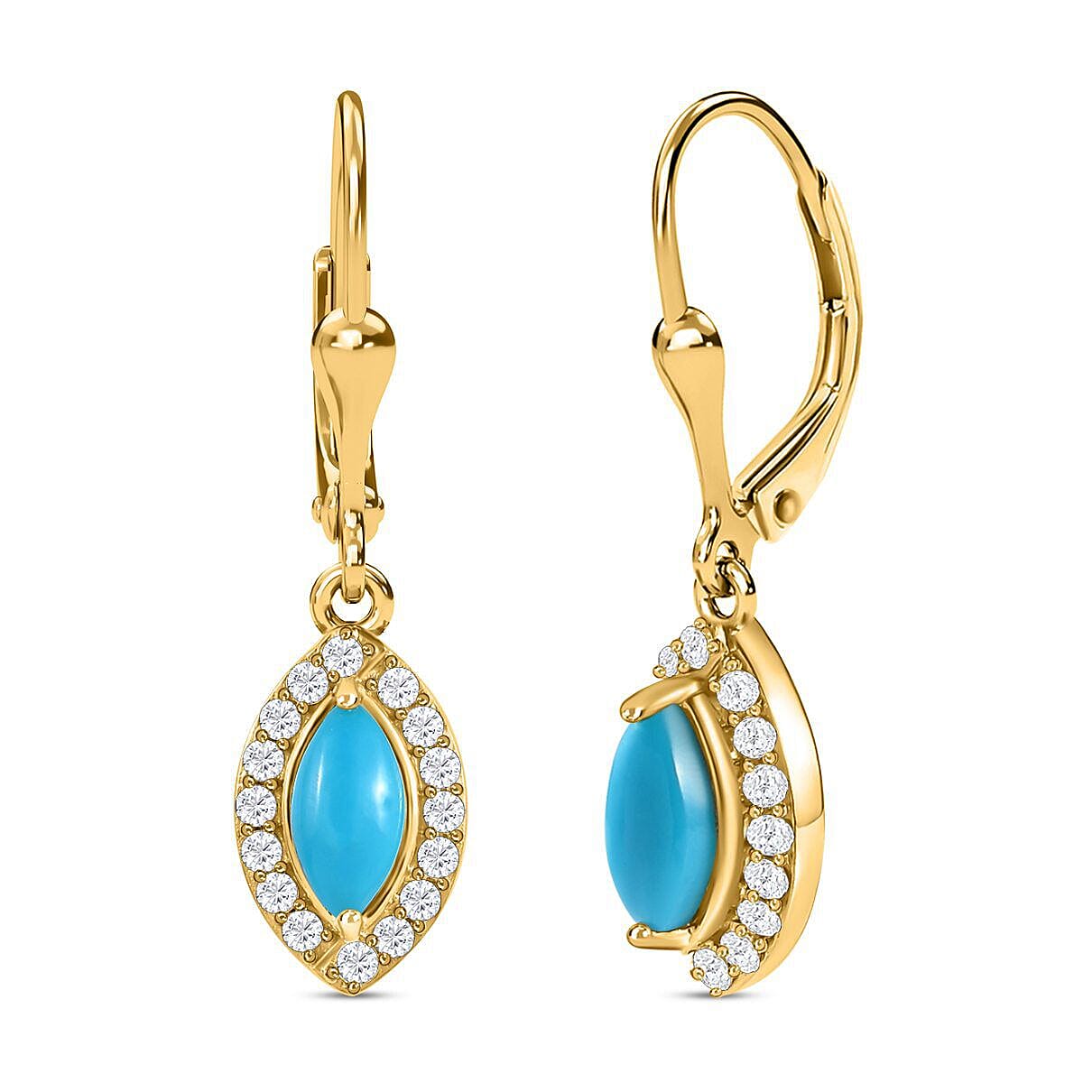 Arizona Sleeping Beauty Turquoise and Moissanite Cluster Earrings(with Lever Back) in 18K Vermeil Yellow Gold Plated Sterling Silver 1.486 Ct.