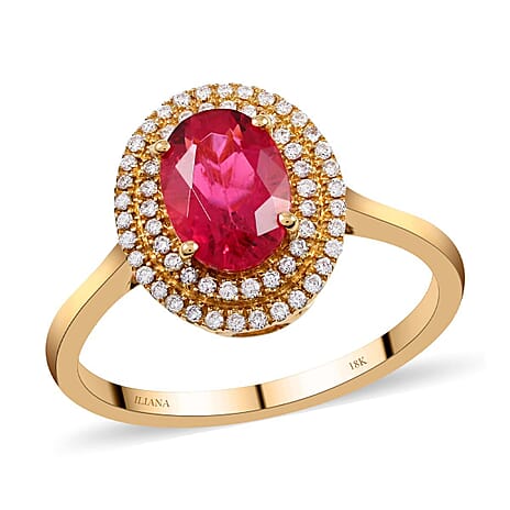 Certified and Appraised ILIANA 18K Yellow Gold AAA Rubellite and Diamond SI Double Halo Ring Gold 3.52 grams, 1.60 Ct