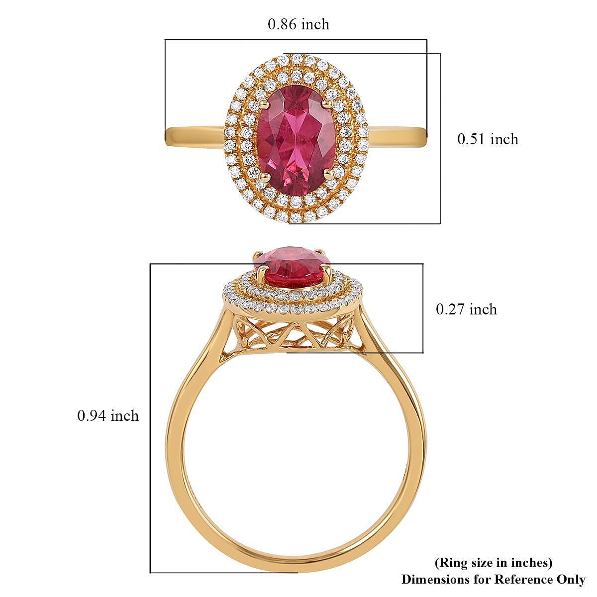 Certified and Appraised ILIANA 18K Yellow Gold AAA Rubellite and Diamond SI Double Halo Ring Gold 3.52 grams, 1.60 Ct