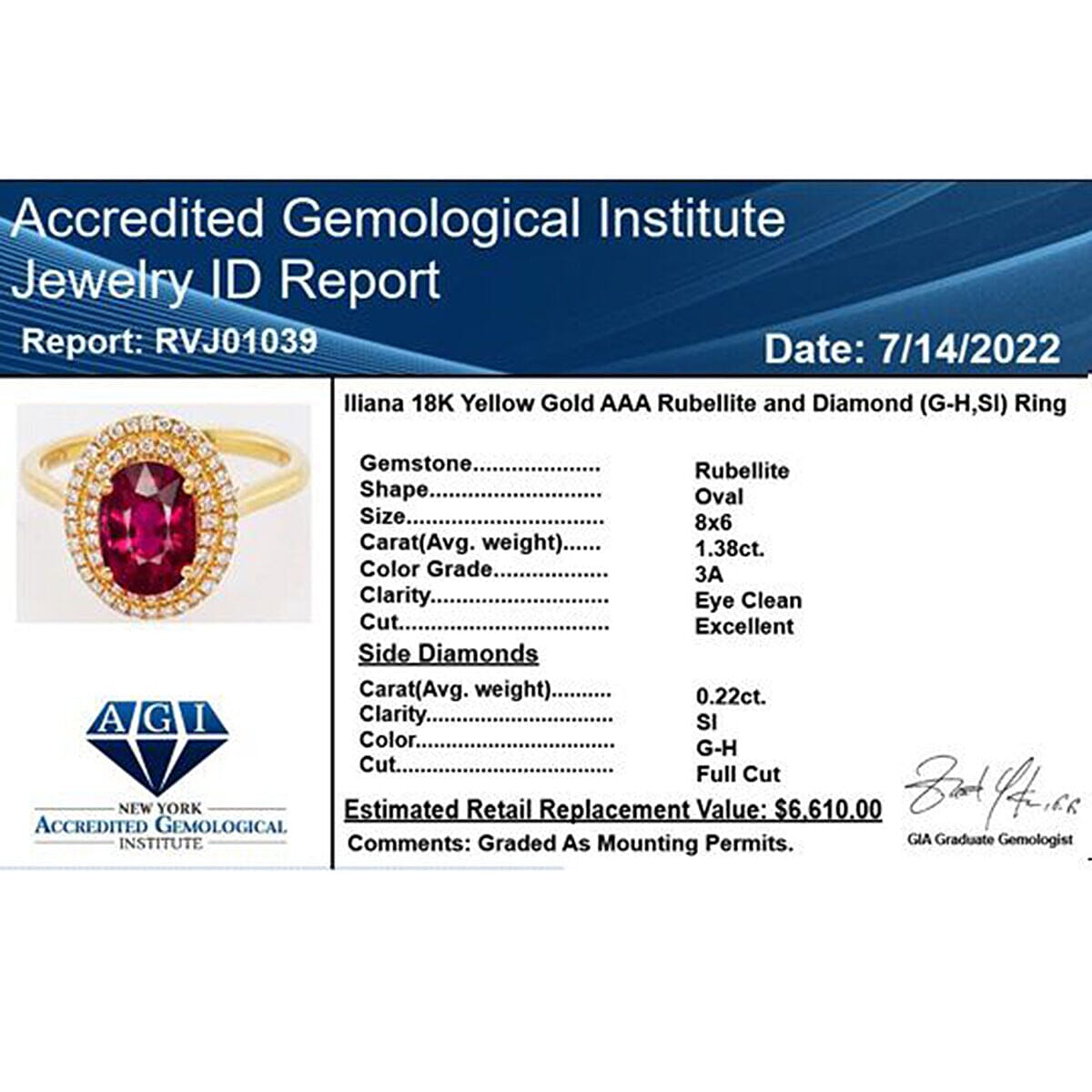 Certified and Appraised ILIANA 18K Yellow Gold AAA Rubellite and Diamond SI Double Halo Ring Gold 3.52 grams, 1.60 Ct