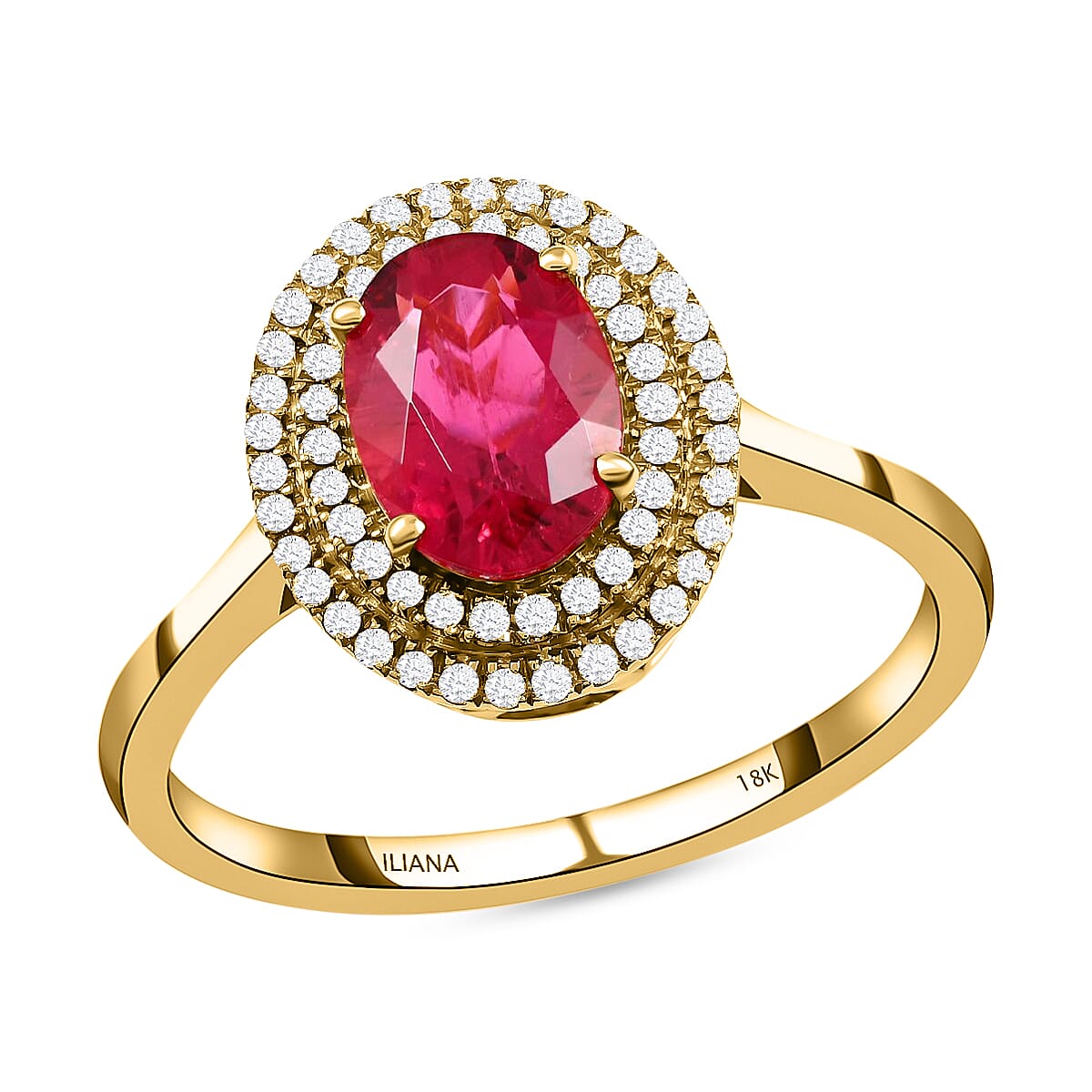 Certified and Appraised ILIANA 18K Yellow Gold AAA Rubellite and Diamond SI Double Halo Ring Gold 3.52 grams, 1.60 Ct