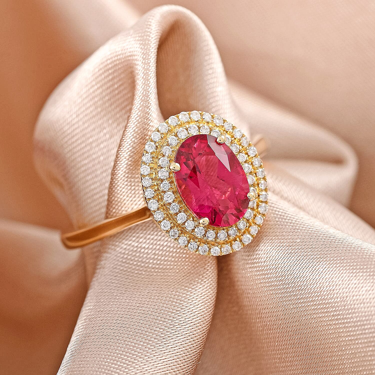 Certified and Appraised ILIANA 18K Yellow Gold AAA Rubellite and Diamond SI Double Halo Ring Gold 3.52 grams, 1.60 Ct