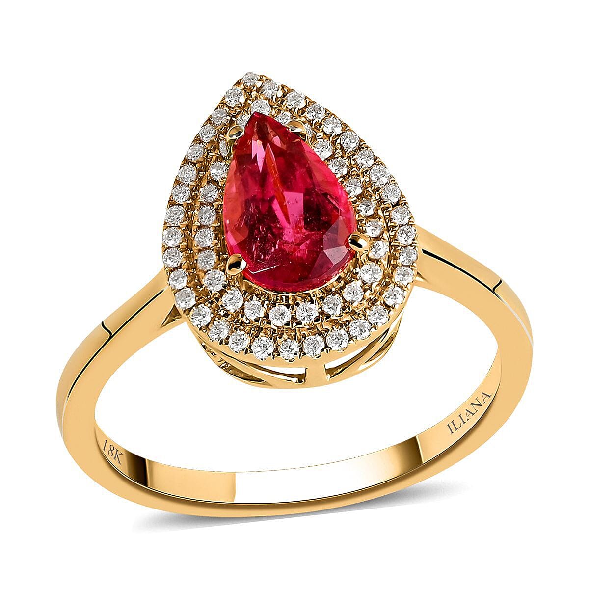 Certified and Appraised ILIANA 18K Yellow Gold AAA Ouro Fino Rubellite and Diamond SI GH Double Halo Ring Gold 3.74 grams, 1.80 Ct
