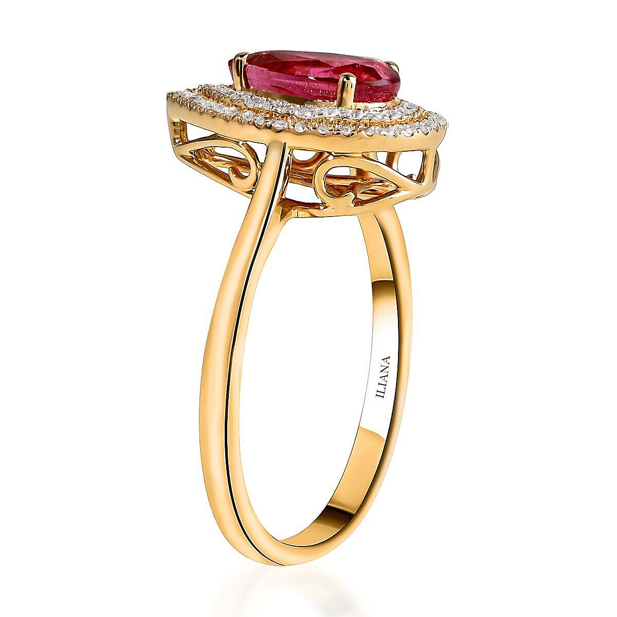 Certified and Appraised ILIANA 18K Yellow Gold AAA Ouro Fino Rubellite and Diamond SI GH Double Halo Ring Gold 3.74 grams, 1.80 Ct