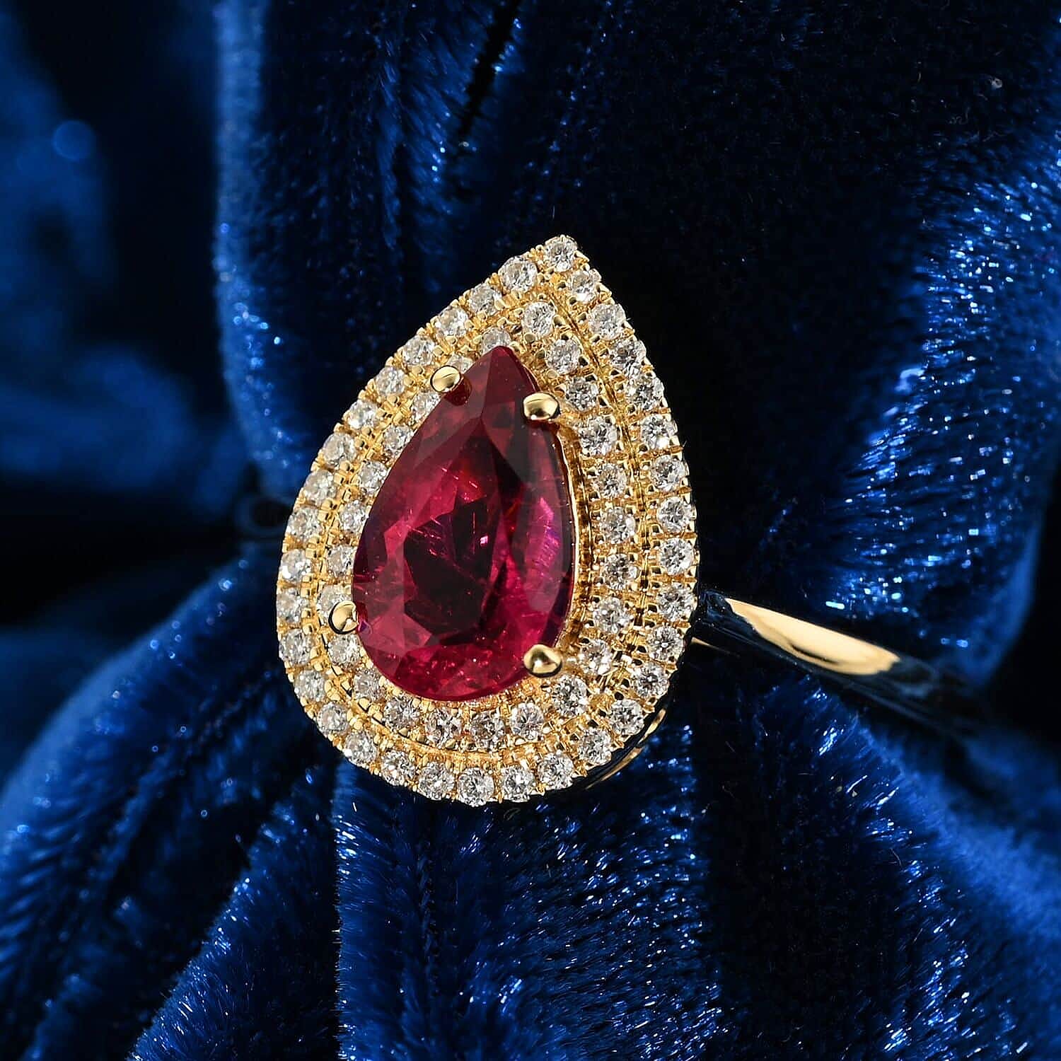 Certified and Appraised ILIANA 18K Yellow Gold AAA Ouro Fino Rubellite and Diamond SI GH Double Halo Ring Gold 3.74 grams, 1.80 Ct