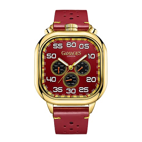 Gamages Of London Hand Assembled Gough Astute Automatic Movement Gold IP Case Water Resistant Watch with Red Leather Strap