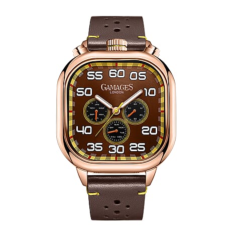 Gamages Of London Hand Assembled Gough Astute Automatic Movement Gold IP Case Water Resistant Watch with Brown Leather Strap