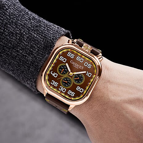 Gamages Of London Hand Assembled Gough Astute Automatic Movement Gold IP Case Water Resistant Watch with Brown Leather Strap