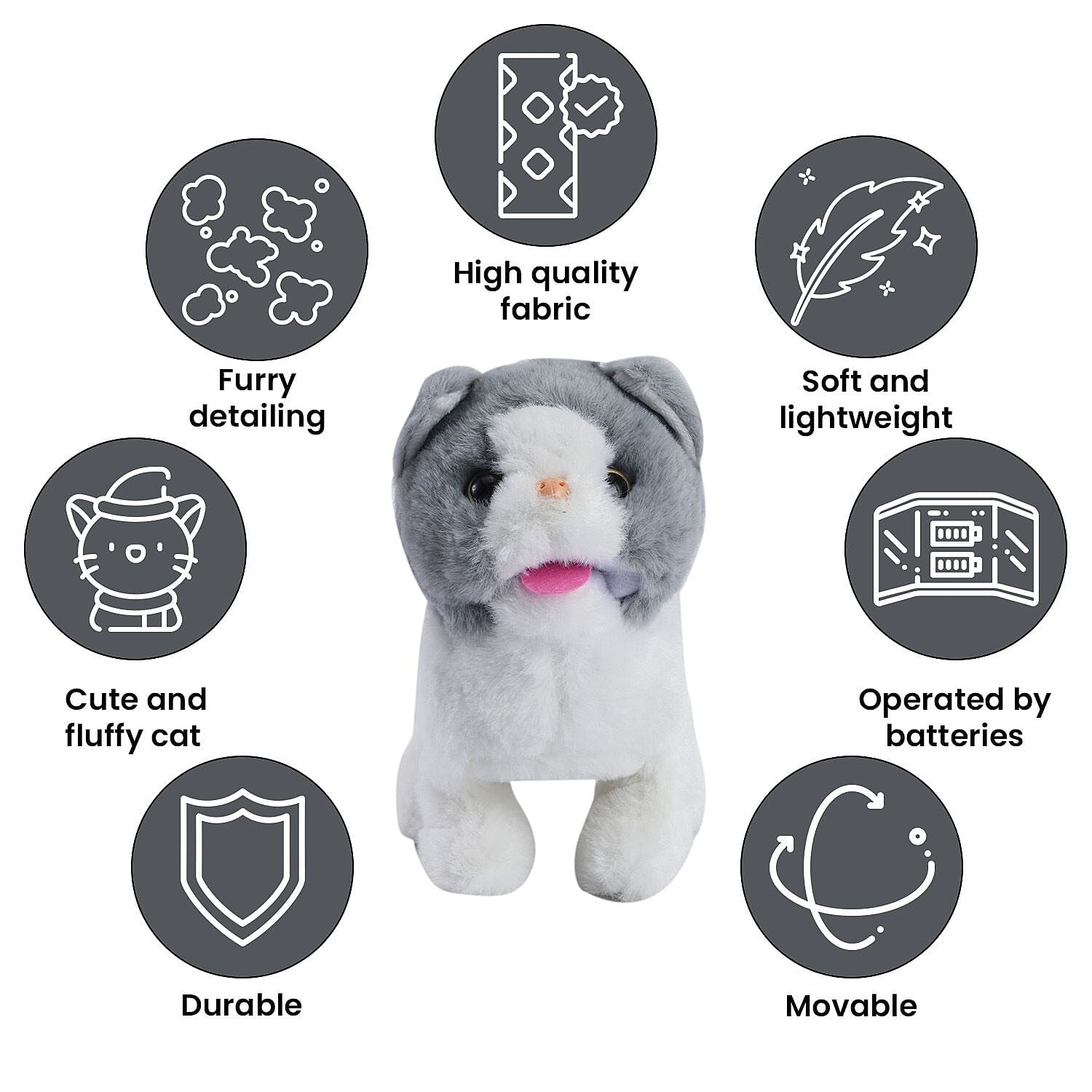 Doorbuster - Electric Walking Plush Cat Toy - Grey (Size 16x16x7 cm, 2 AA Battery Not Incl.)