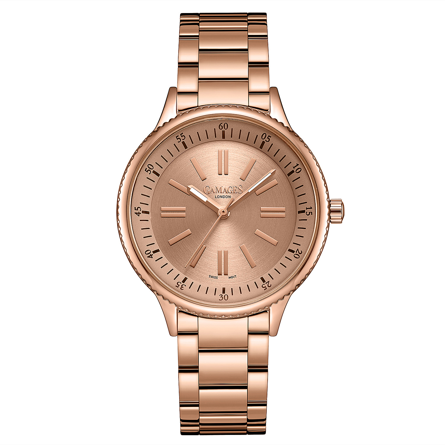 Gamages Of London Ladies Infinity Swiss Movement Watch in Stainless Steel Rose Gold Strap