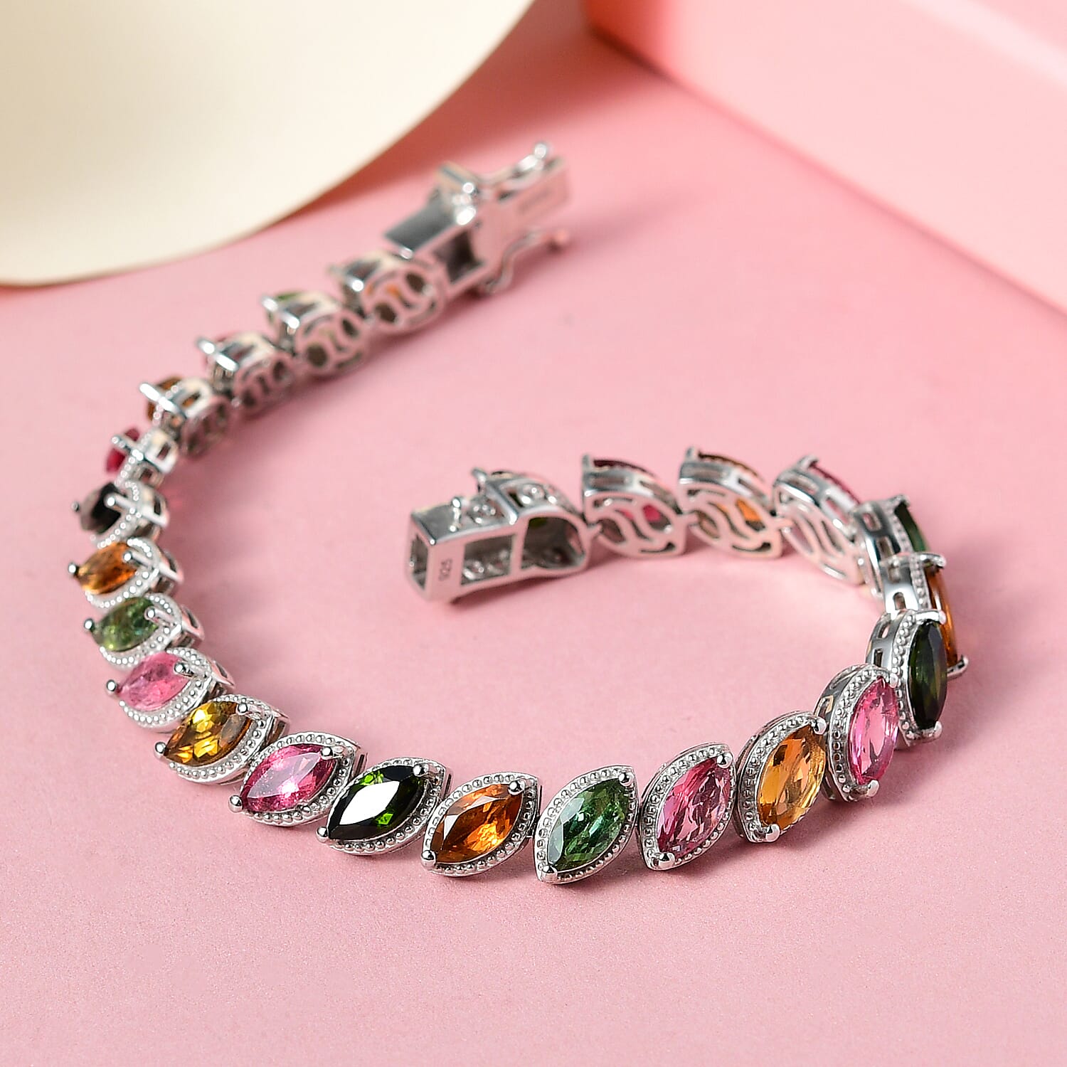 Multi Tourmaline Bracelet (Size - 7) in Platinum Overlay Sterling Silver 11.35 Ct, Silver Wt. 15.87 Gms.