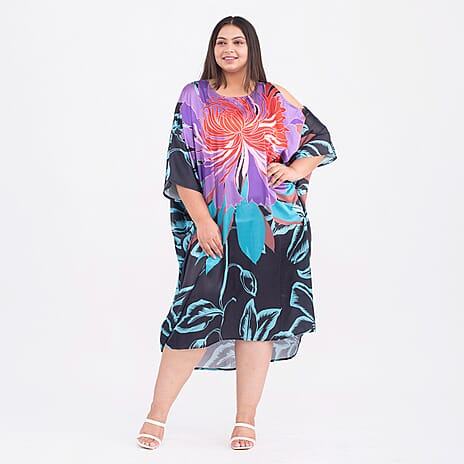 TAMSY Floral and Leaf Pattern Kaftan (One Size, 8-18) - Black and Multi