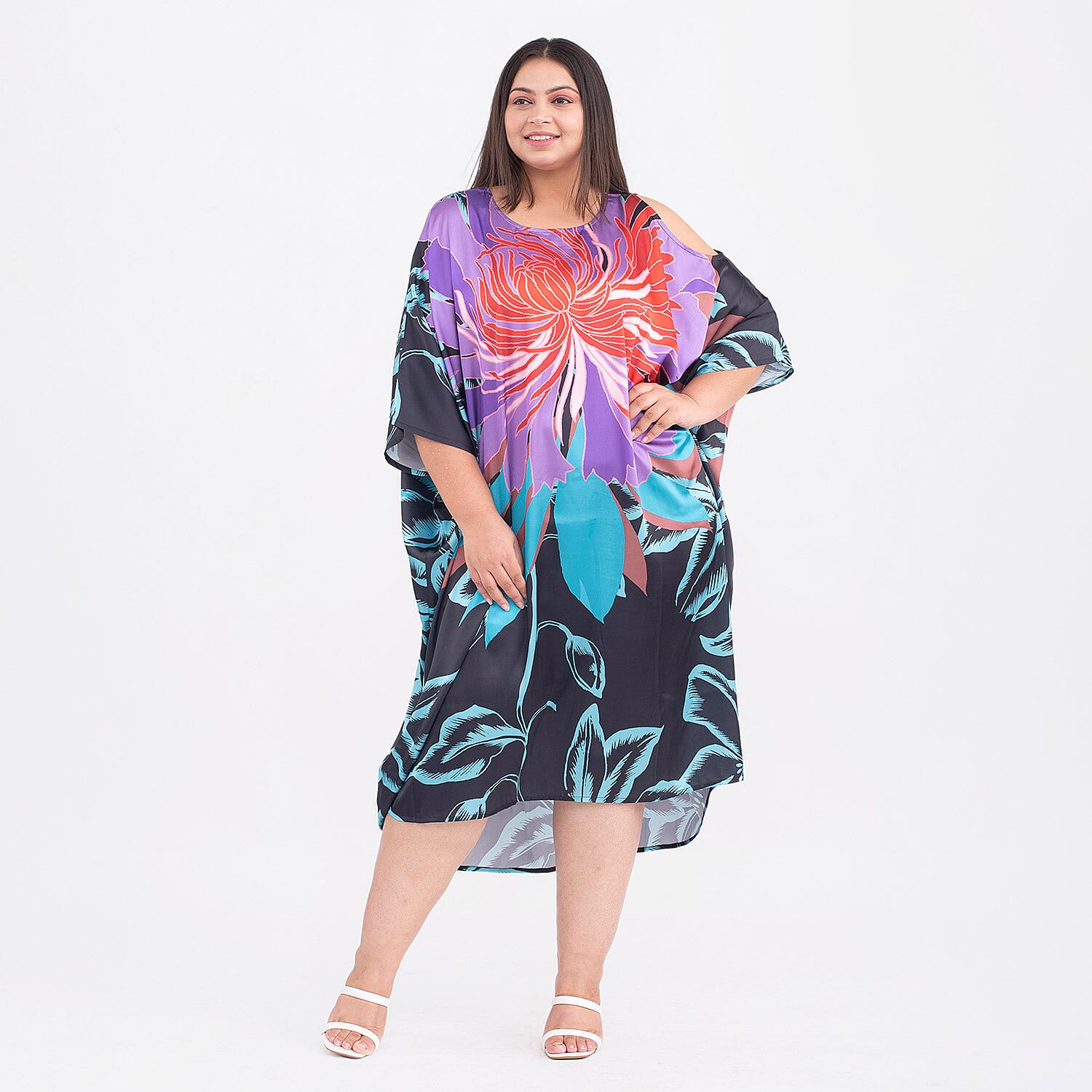 TAMSY Floral and Leaf Pattern Kaftan (One Size Curve, 20-26) - Black and Multi