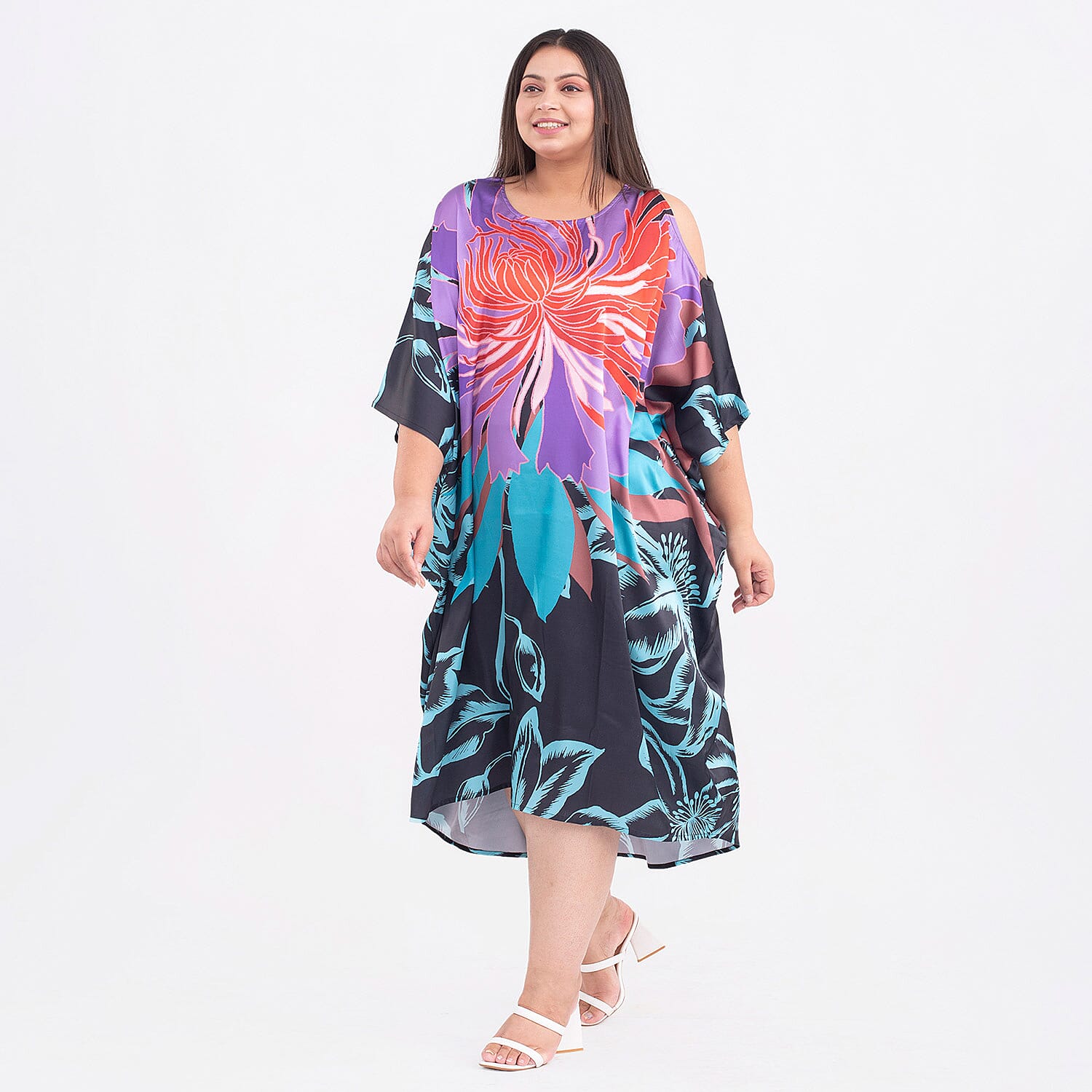 TAMSY Floral and Leaf Pattern Kaftan (One Size Curve, 20-26) - Black and Multi