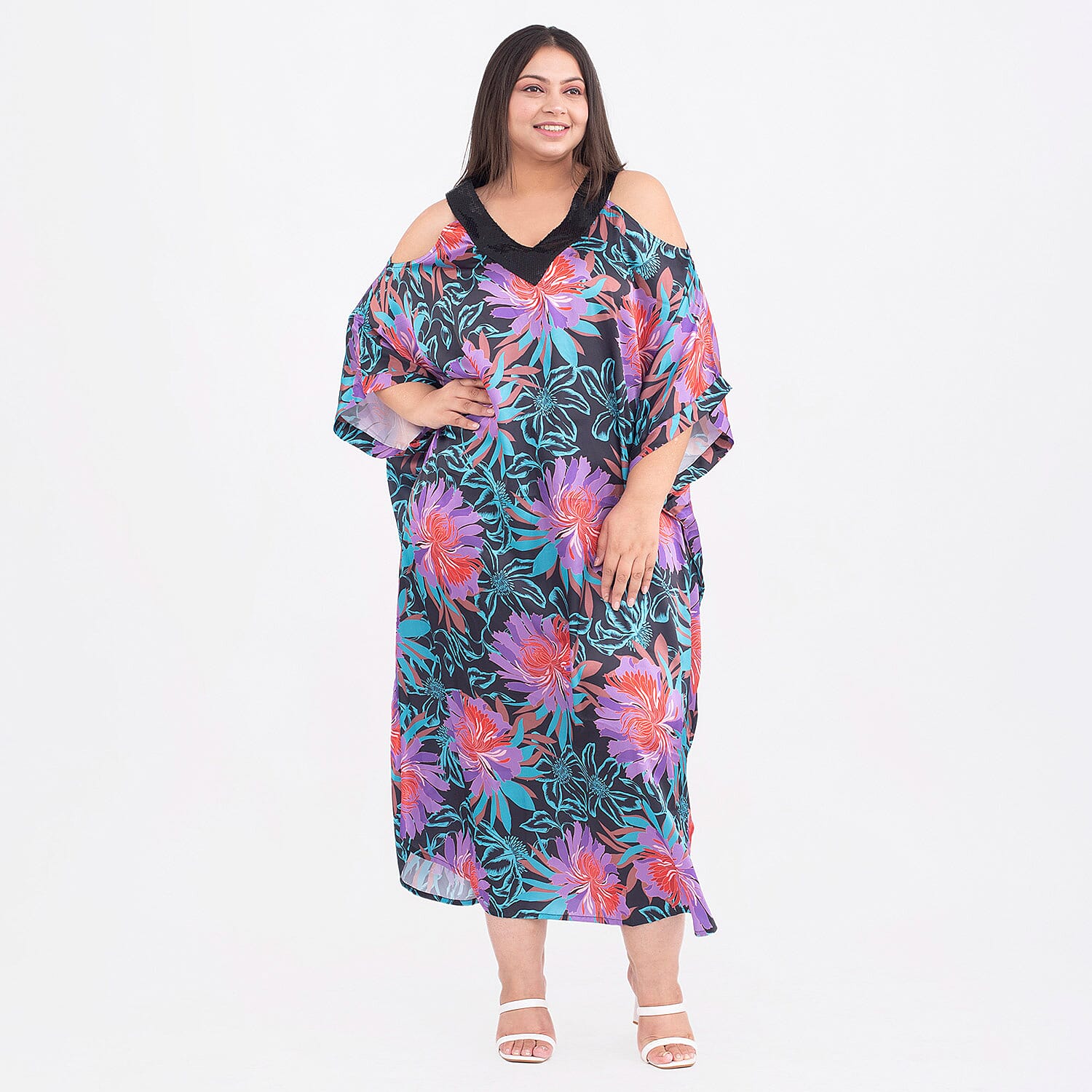 Floral Pattern Satin Sequin Trim Kaftan (One Size, 8-18) - Black, Purple and Multi