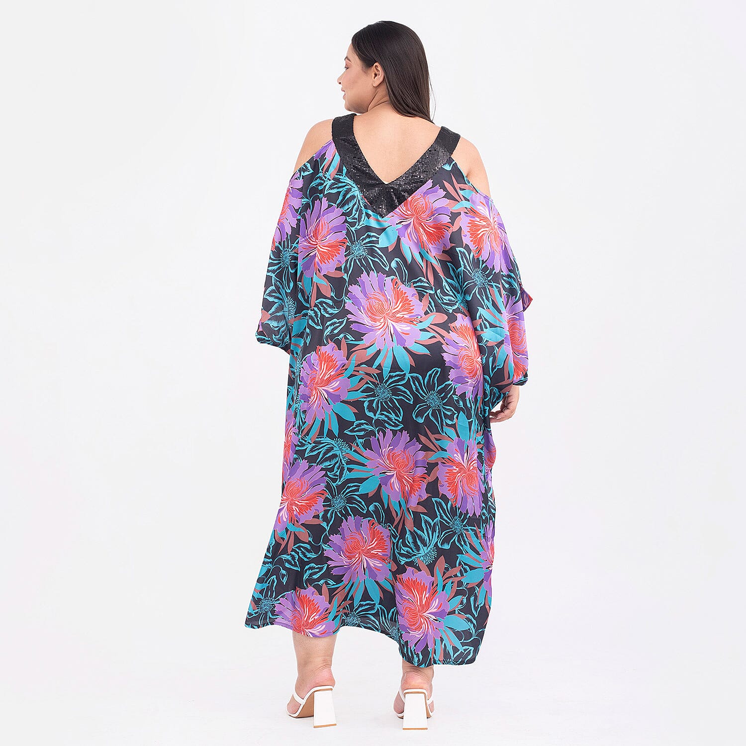 Floral Pattern Satin Sequin Trim Kaftan (One Size Curve, 20-26) - Black, Purple and Multi