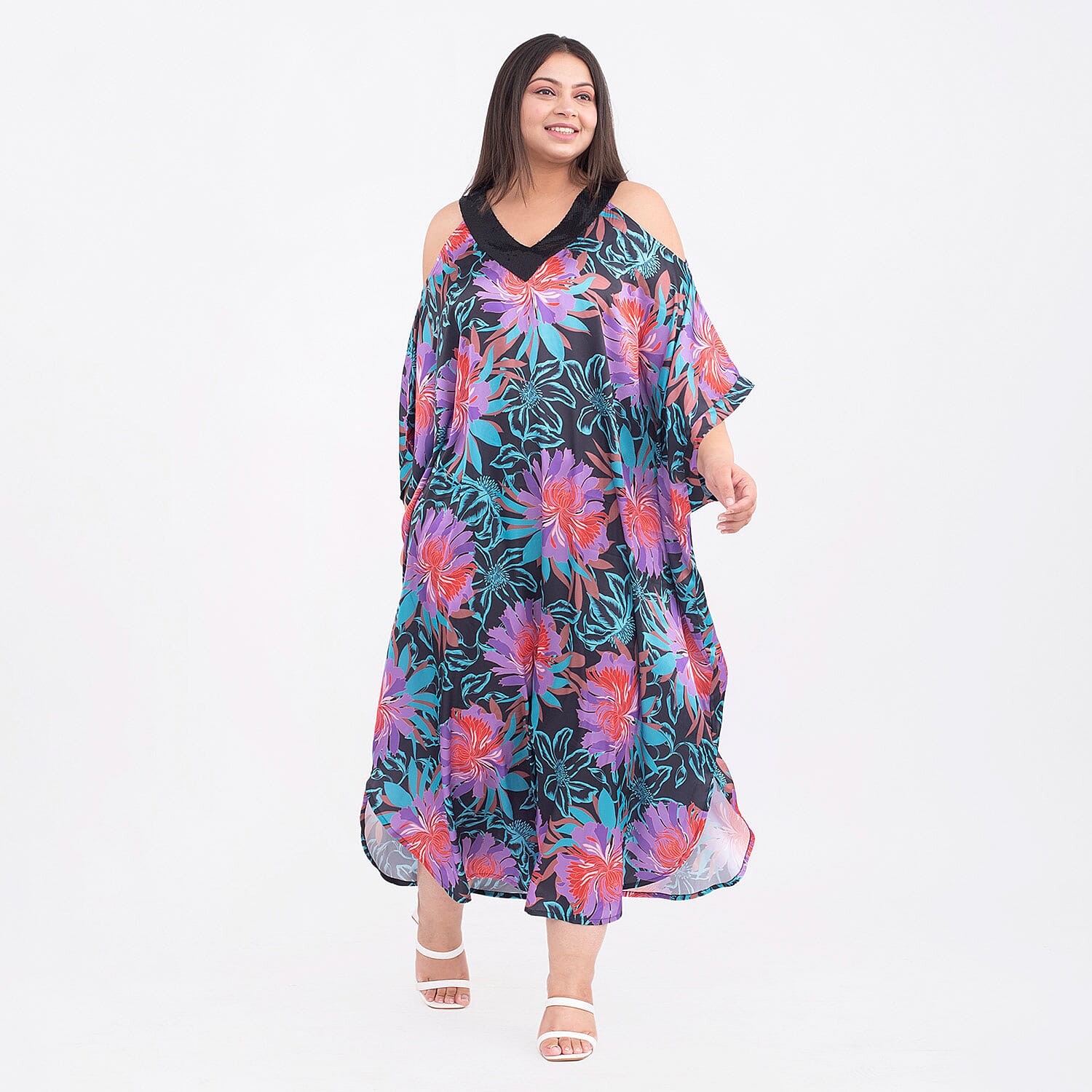 Floral Pattern Satin Sequin Trim Kaftan (One Size Curve, 20-26) - Black, Purple and Multi