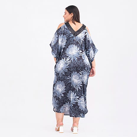 Floral Pattern Satin Sequin Trim Kaftan (One Size, 8-18) - Black, Light Grey and Multi