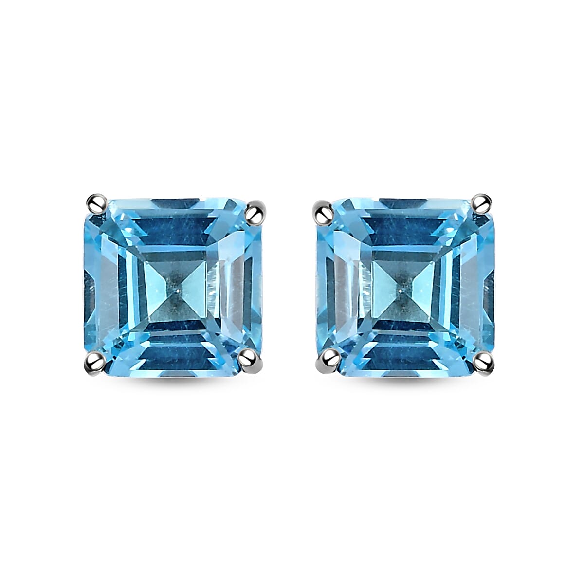 Asscher Cut Skyblue Topaz Stud Earrings with Push Back in Platinum Overlay Sterling Silver 6.18 Ct.