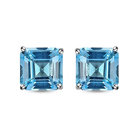Skyblue Topaz (Asscher Cut) Stud Earrings with Push Back in Platinum Overlay Sterling Silver 6.28 Ct.