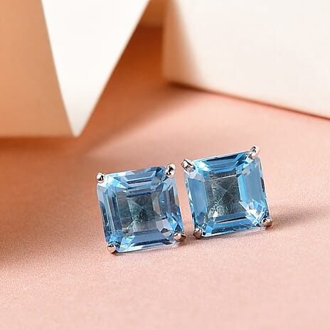 Skyblue Topaz (Asscher Cut) Stud Earrings with Push Back in Platinum Overlay Sterling Silver 6.28 Ct.
