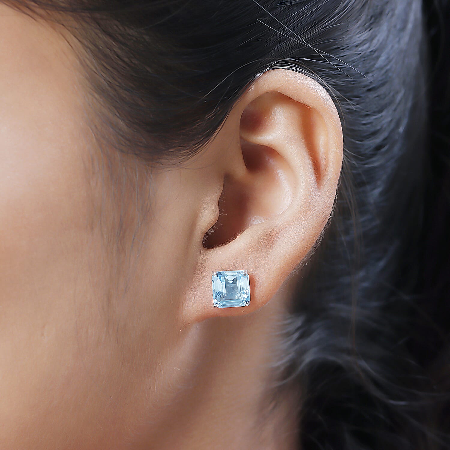 Asscher Cut Skyblue Topaz Stud Earrings with Push Back in Platinum Overlay Sterling Silver 6.18 Ct.