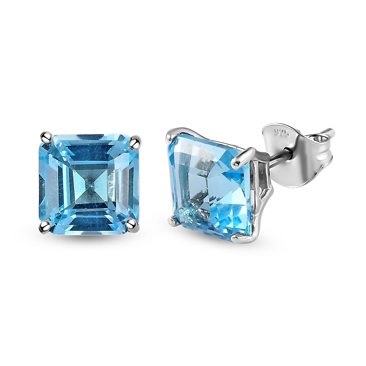 Asscher Cut Skyblue Topaz Stud Earrings with Push Back in Platinum Overlay Sterling Silver 6.18 Ct.
