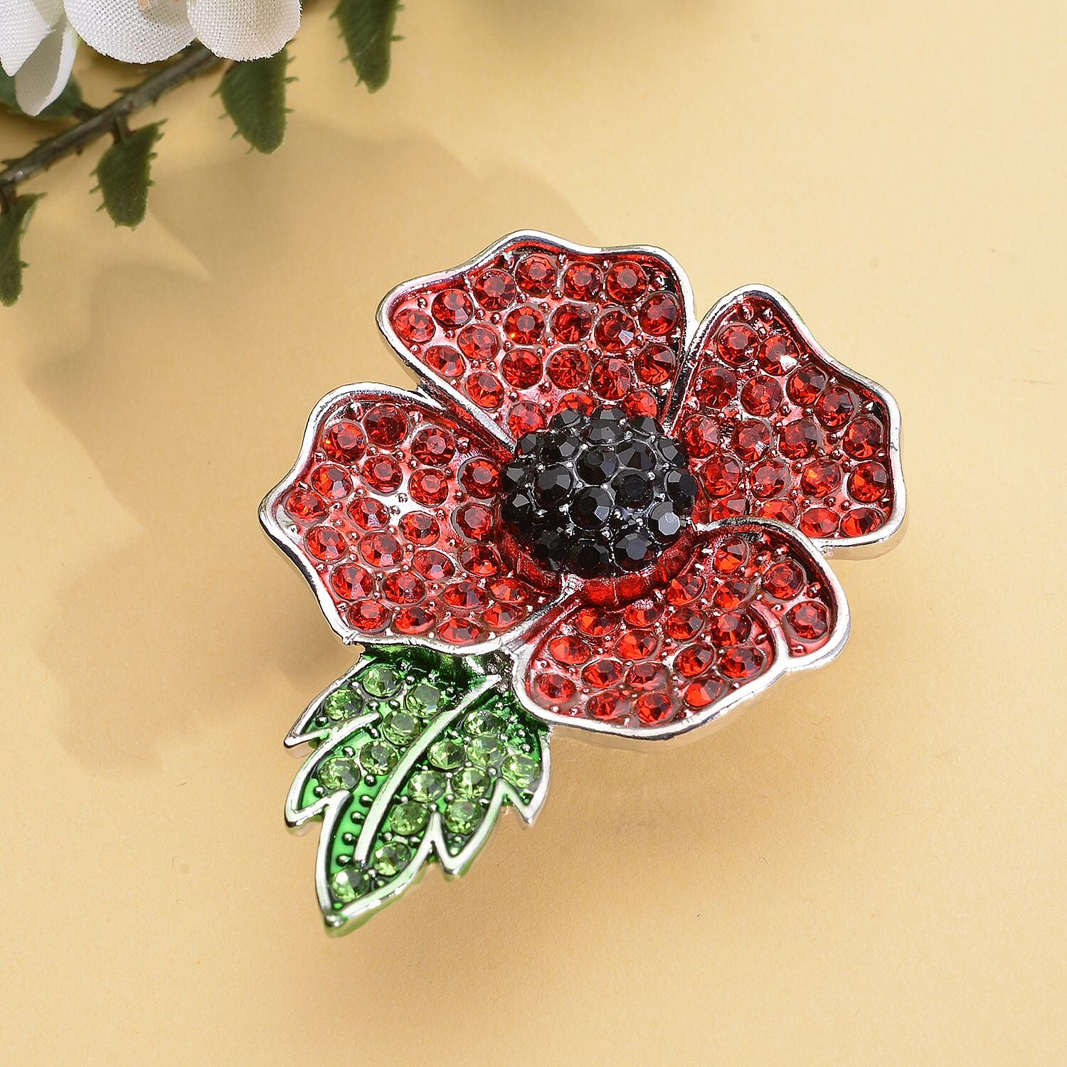 Multi Colour Austrian Crystal Poppy Brooch in Silver Tone