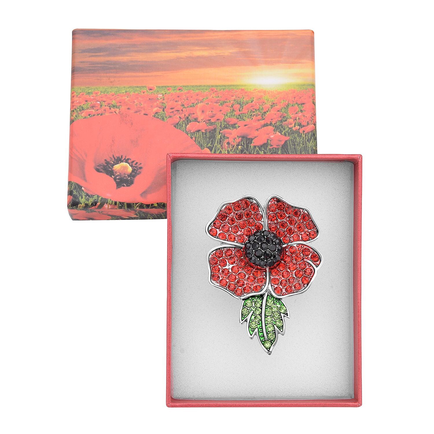 Multi Colour Austrian Crystal Poppy Brooch in Silver Tone