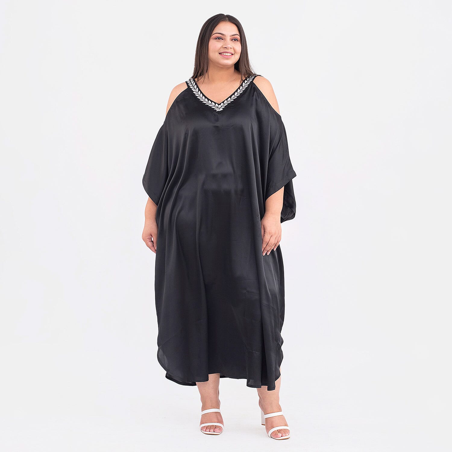 TAMSY Leaf Embroidered Neck Satin Kaftan (One Size, 8-18) - Black and Silver