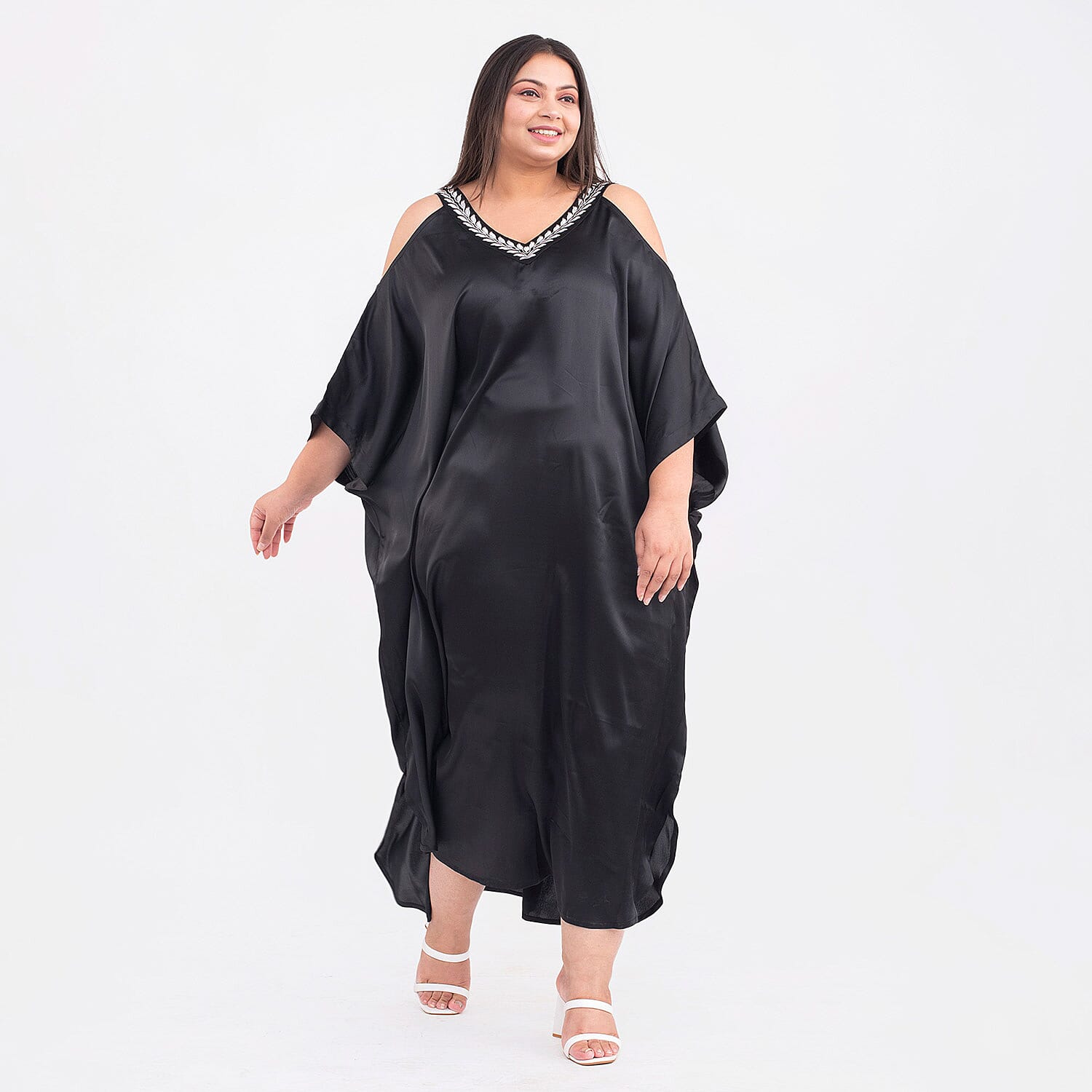 TAMSY Leaf Embroidered Neck Satin Kaftan (One Size, 8-18) - Black and Silver